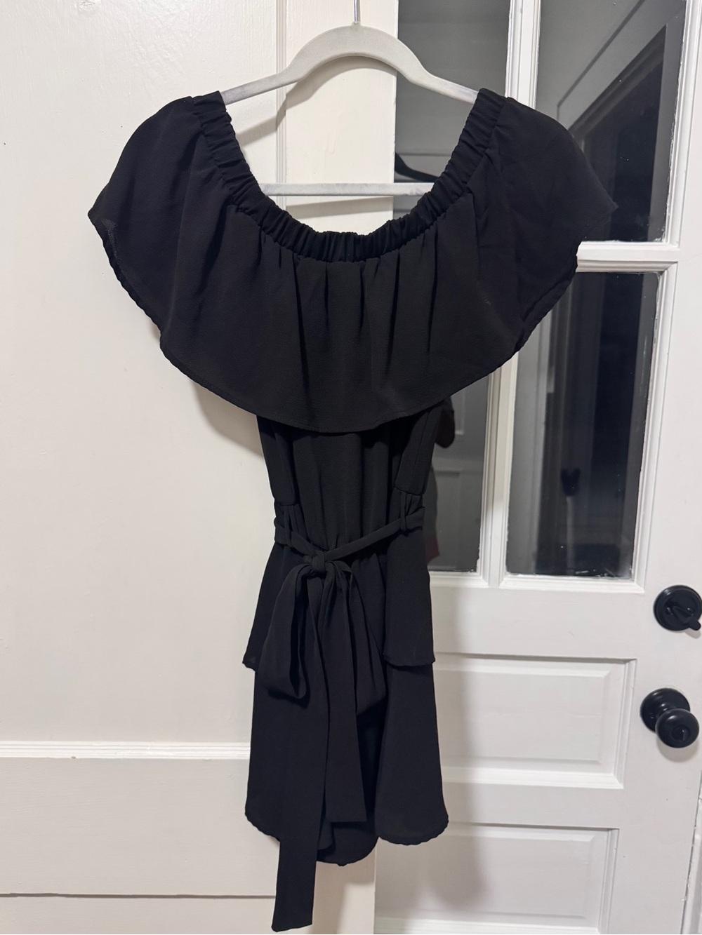 Tyche Black One-Shoulder Ruffle Belted Dress